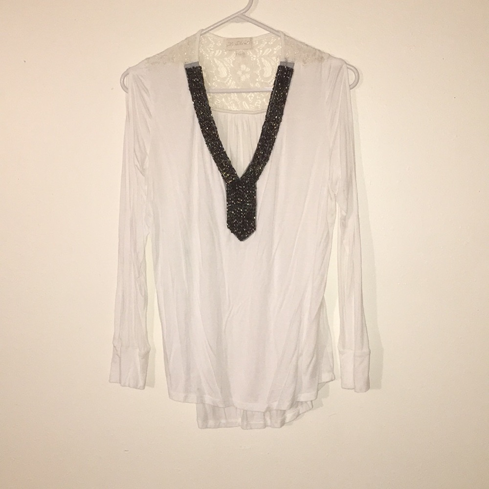 Lace Cold Shoulder Top with Beaded Collar Detail